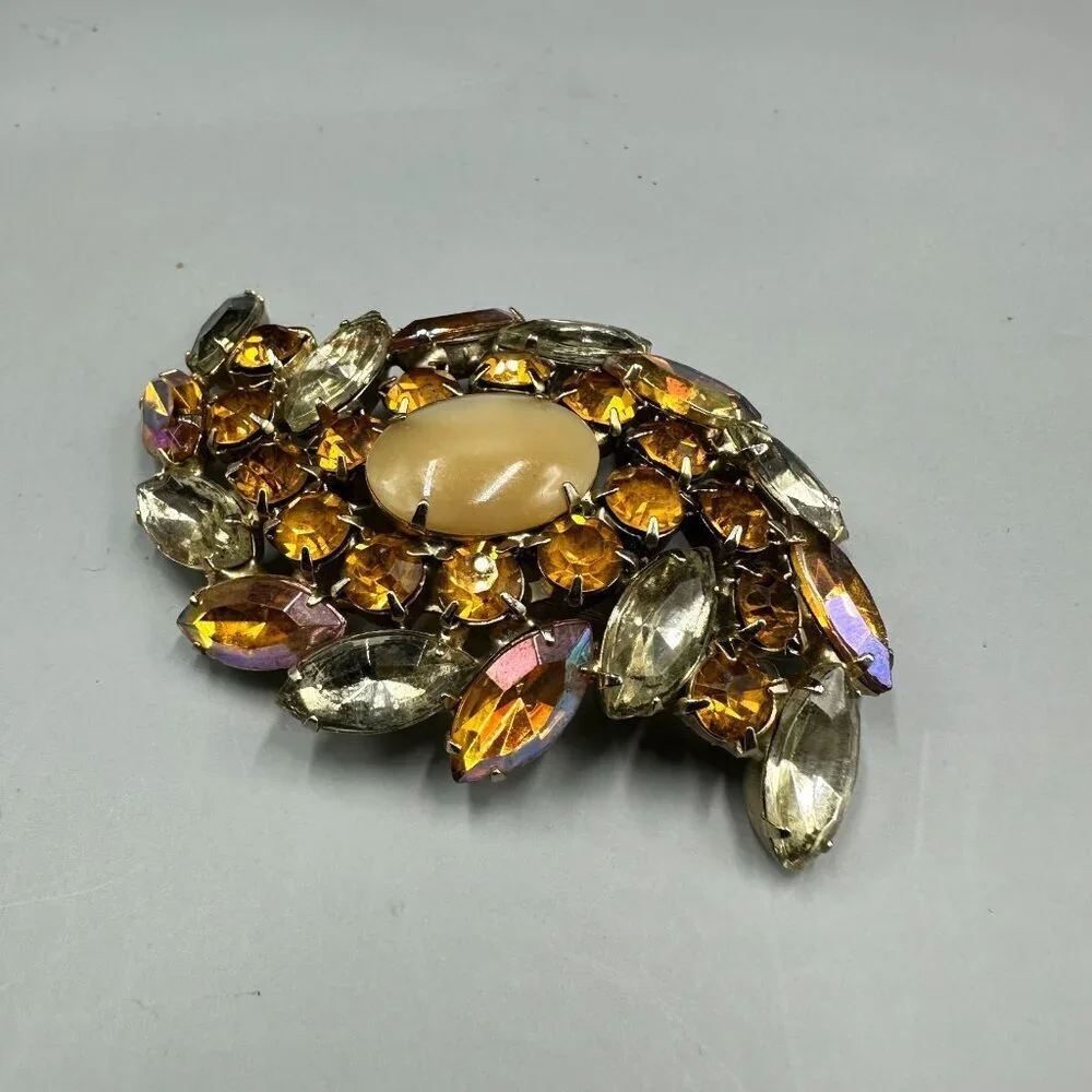 Vintage Amber Color Rhinestone Brooch Silver Tone Navette Aurora Borealis